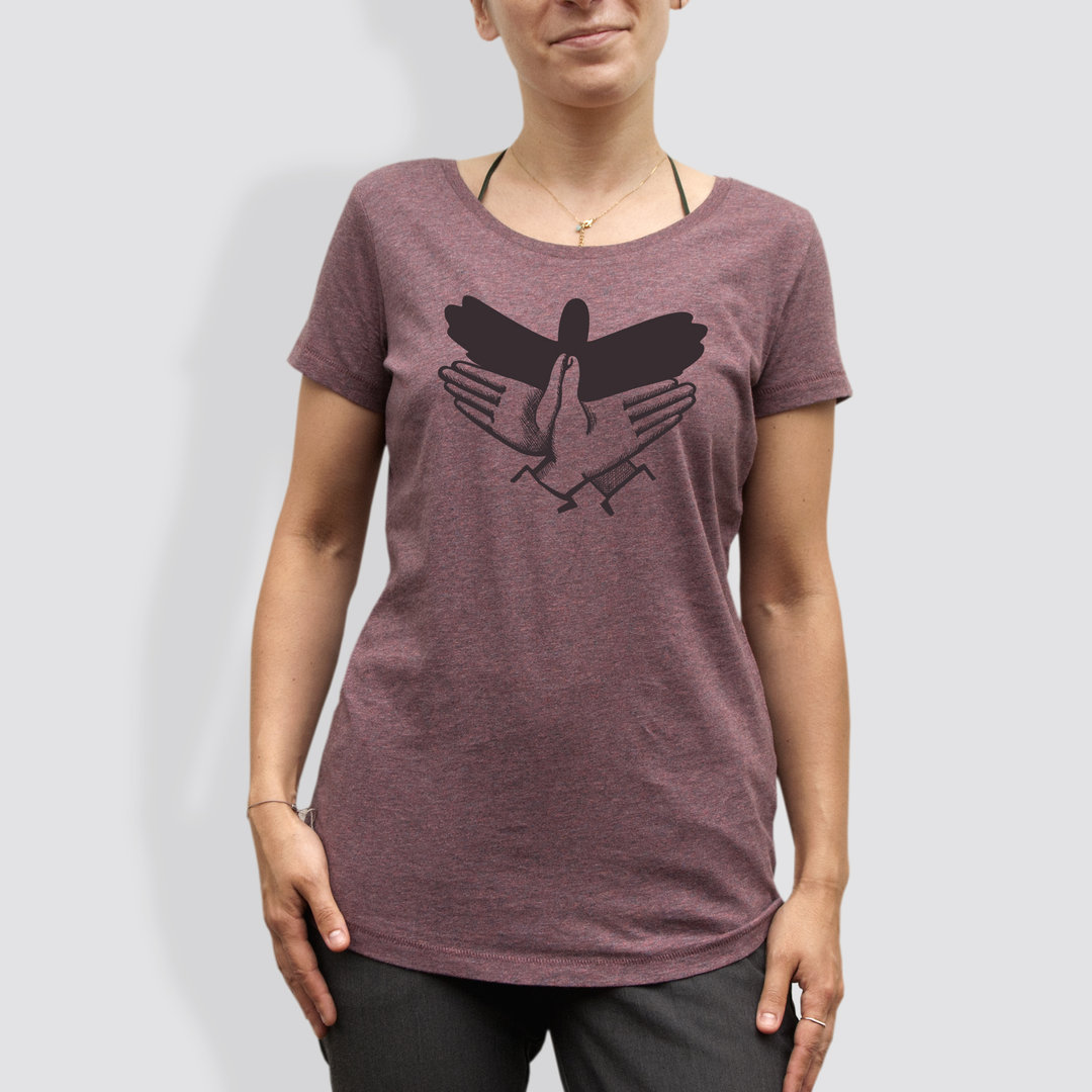 Damen T-Shirt, "Schattenvogel", Black Heather Cranberry